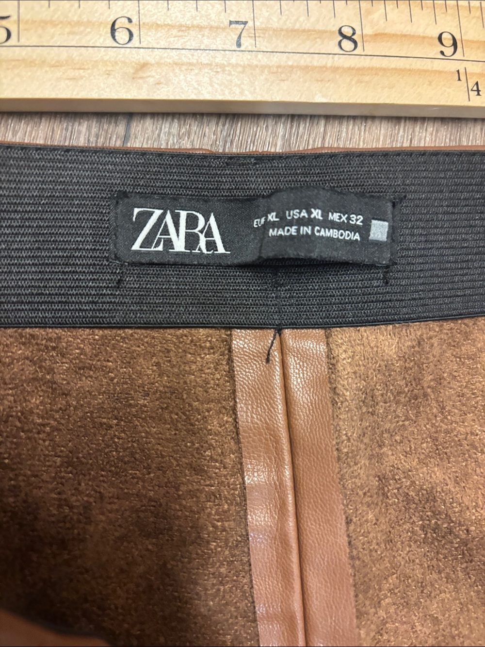 Zara Fall Cozy Chocolate Brown Faux Leather Straight-Leg Pants Elastic Waist XL - Picture 6 of 7